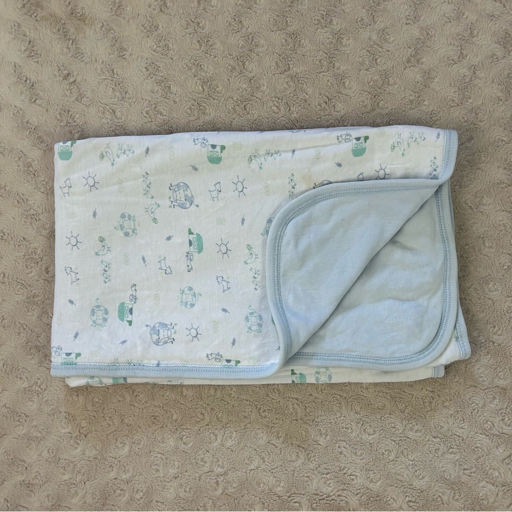Baby Gap Farm Animal Baby Blanket Blue White Cow Chicken Barn Goat Dog Sun Fence
